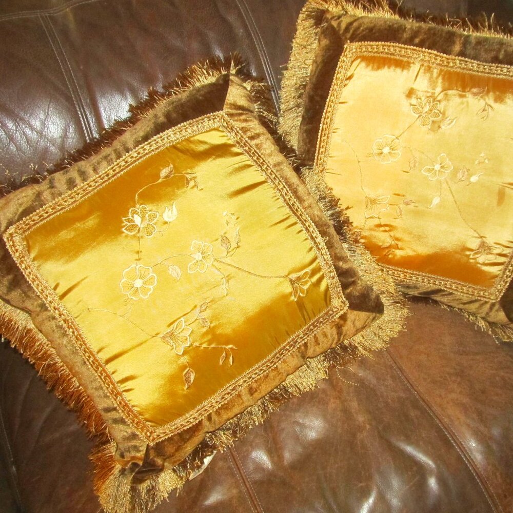 Set of Two Square Silky Gold & Velvety Chocolate-Colored Decorative Pillows